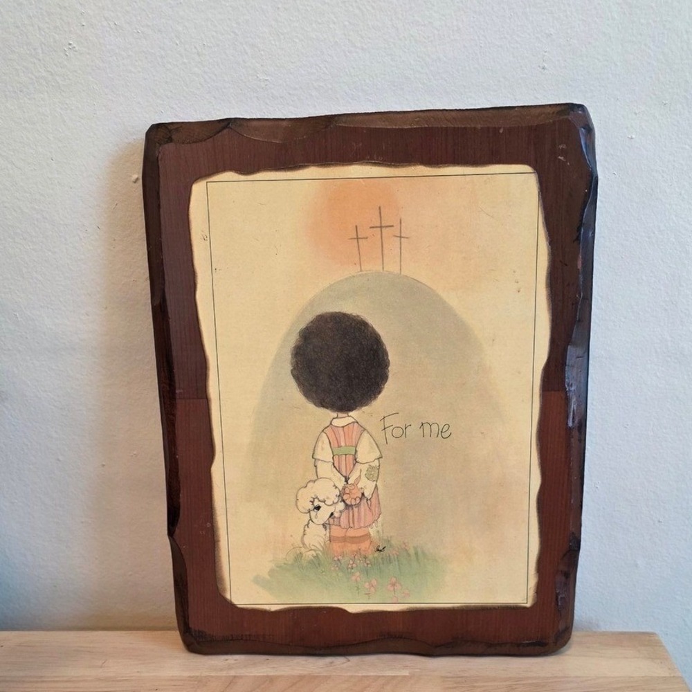 Vtg Precious moments 10.5in Wood Plaque For Me Religious Afro Girl 1970s retro